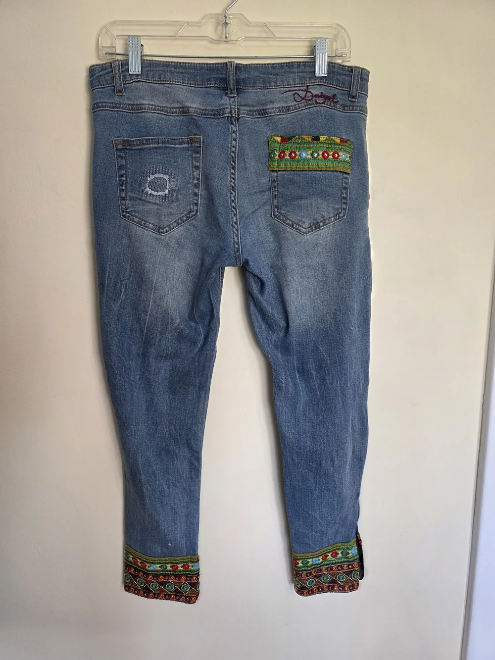 Desigual Light Blue Skinny Jeans with Colorful Embroidered Cuffs